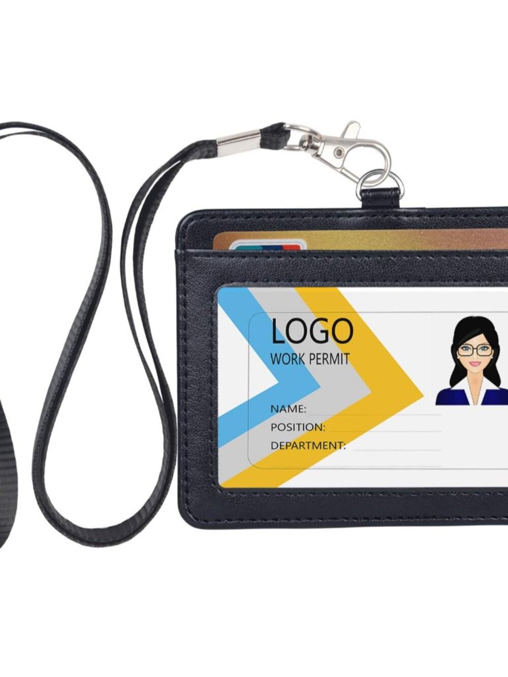 Leather ID Badge Holder with Lanyard, Horizontal Black